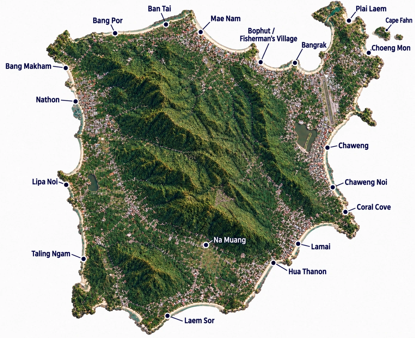 La isla de Koh Samui rodeada de mar, con nombres de playas y lugares